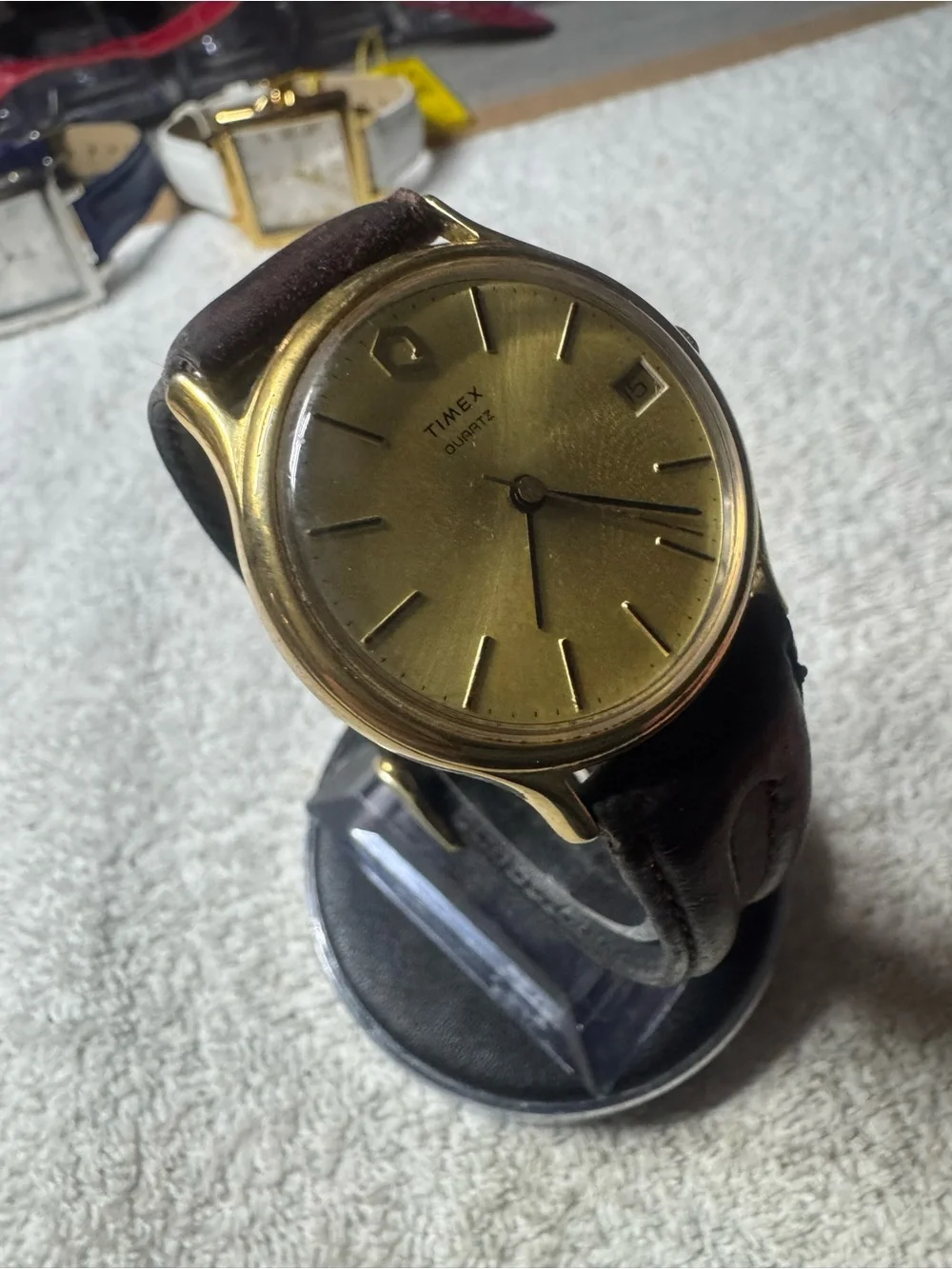 Timex Gold Dial Watch with Brown Leather Strap